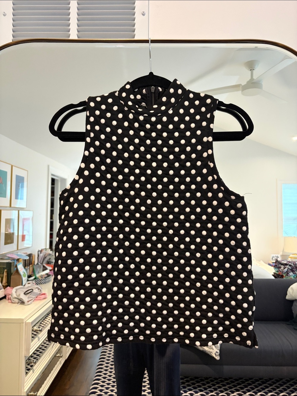 Anthropologie Black Sleeveless Mock Neck Polka Dot Top